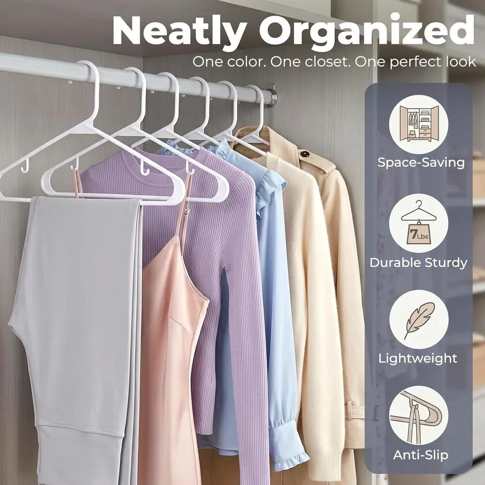 White Plastic Hangers 40 Pack, Built-in Strap Hooks, Space Saving Slim Hanger